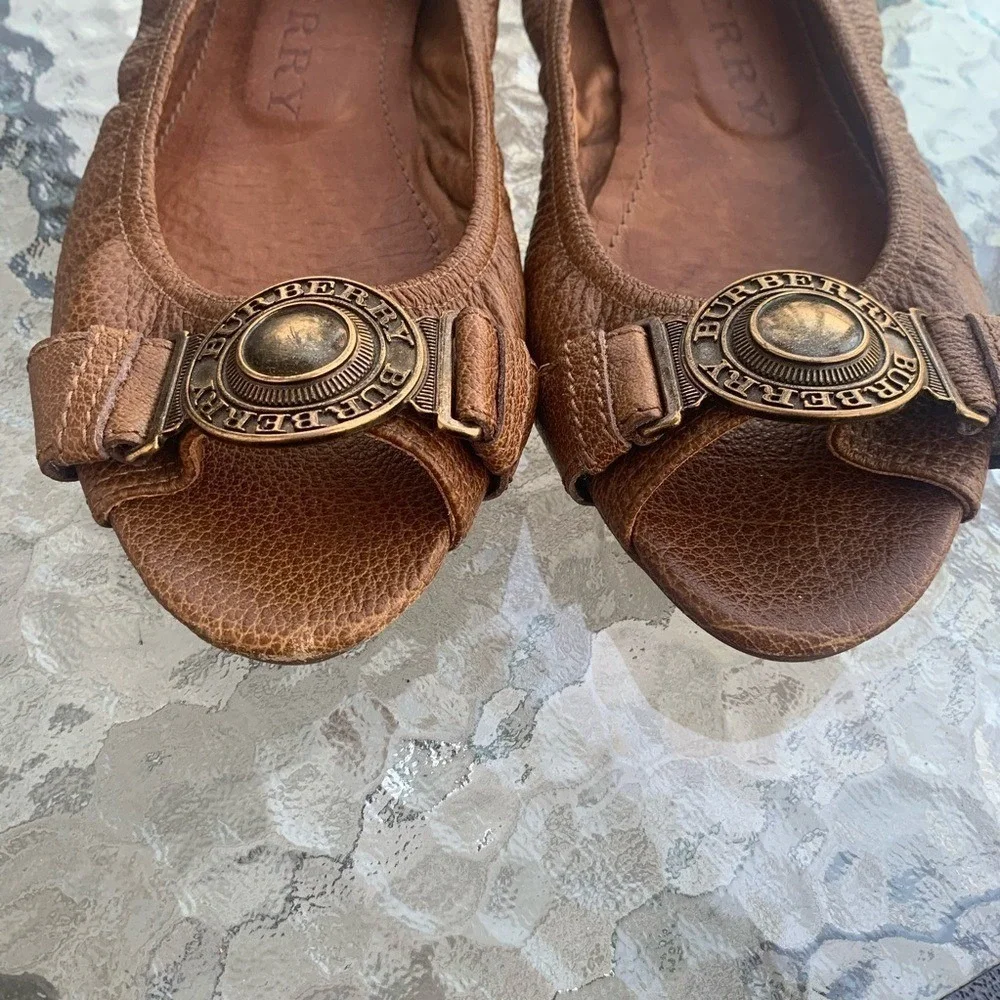 Burberry luxury‎ Leather Medallion Peep Toe flats loafers vintage shoes